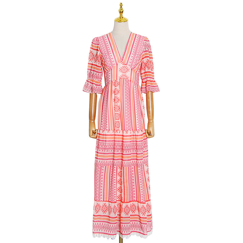 Long Vintage Skirt Striped Bohemia New High-Waisted Short-Sleeved Temperament Printed Dress Woman