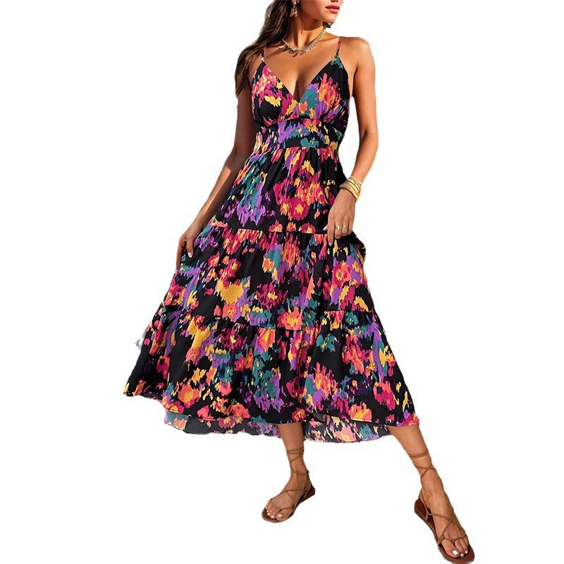 Summer Skirt Print A-Line Maxi Dress With Split Halter Halter Dress