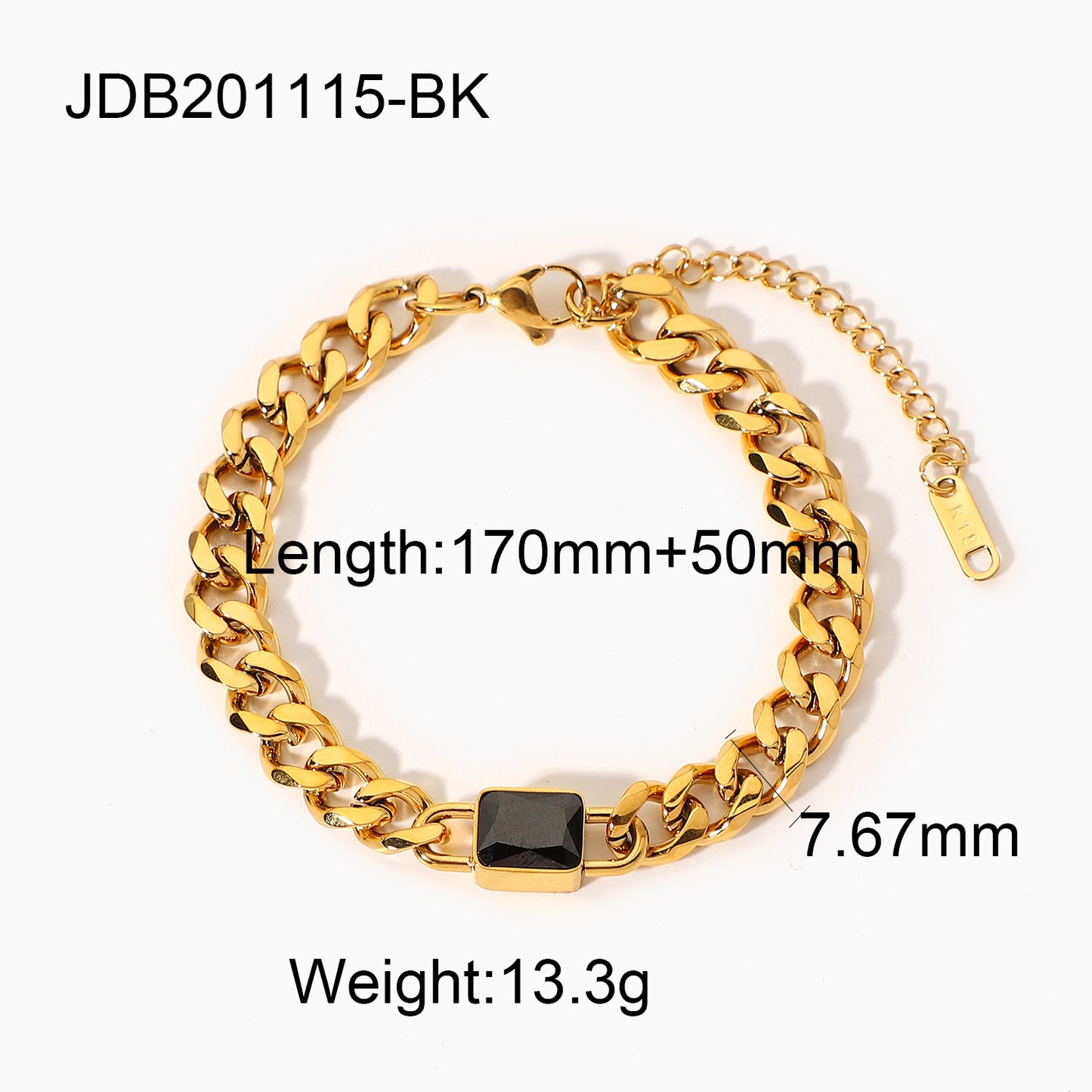 5pcs 18K Gold Plated Stainless Steel Bracelet Jewelry Rectangular Color Zircon Six-Sided Polished Cuban Chain Bracelet Women's Style