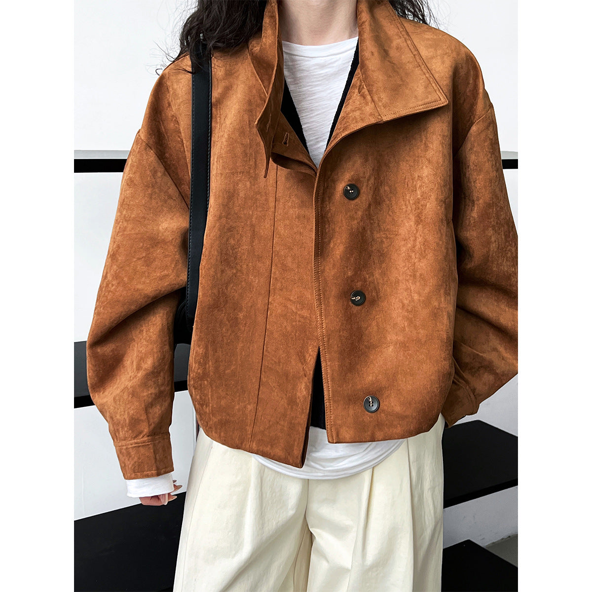 Deer West Brown Suede Coat Loose Silhouette South Style Fashion Senior Sense Standing Collar Jacket Women