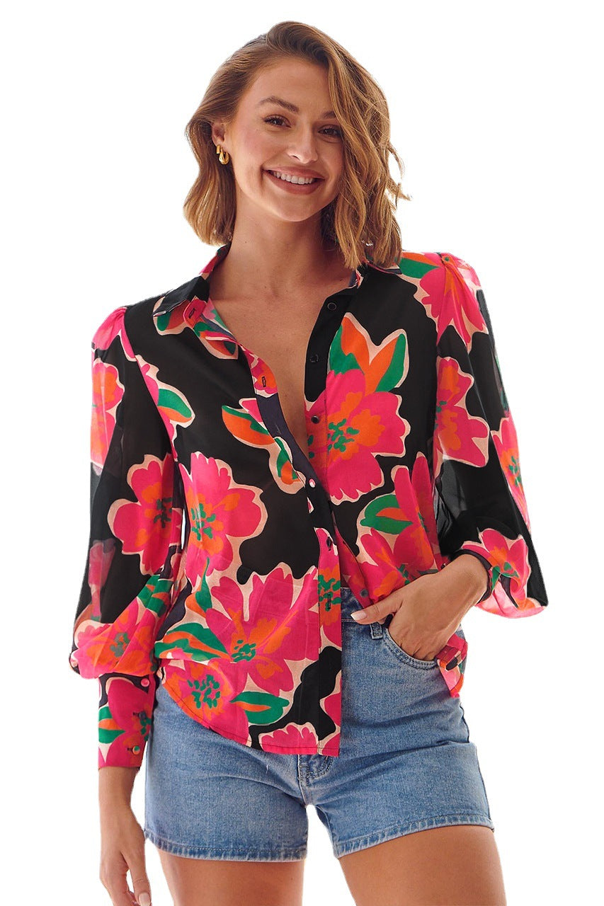 Fashion Temperament Women's Chiffon Cardigan Loose Lantern Long Sleeve Printed Shirt Woman