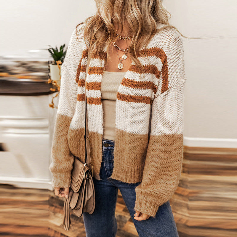 Winter New Striped Color Cardigan Sweater Women Casual Lazy Wind Down Shoulder Knit Cardigan Woman