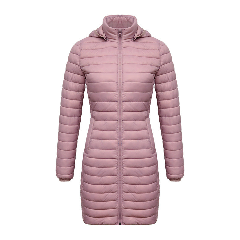 Women's Fall/Winter Lightweight Mid-Length Slim-Fit Cotton-Padded Jacket Removable Hooded Casual Commuter Coat