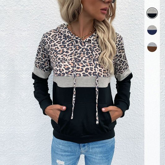 Autumn New Women's Clothing With Pocket Drawstring Hooded Splicing Leopard Print Hoodie