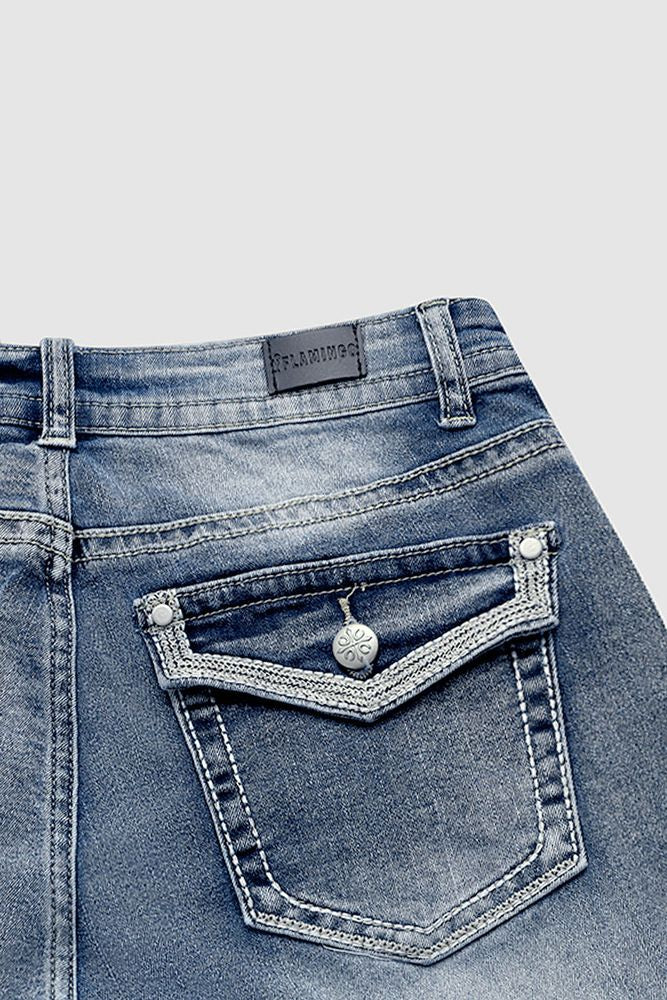 Washed Embroidery Flap Pocket Mid Waist Bootcut Jeans