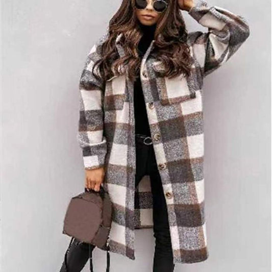 Autumn And Winter Long-Sleeved Checkered Trench Coat Wool Lapel Shirt Coat