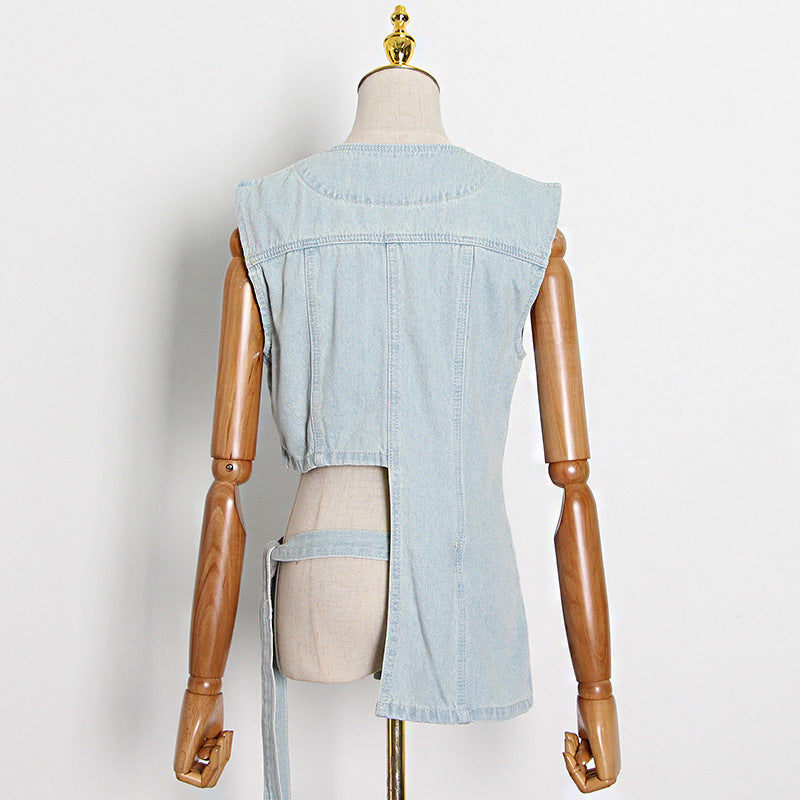 Spring New Style Niche Sense Crew-Neck Single-Breasted Design Personality Irregular Wash Light Colored Denim Vest Top