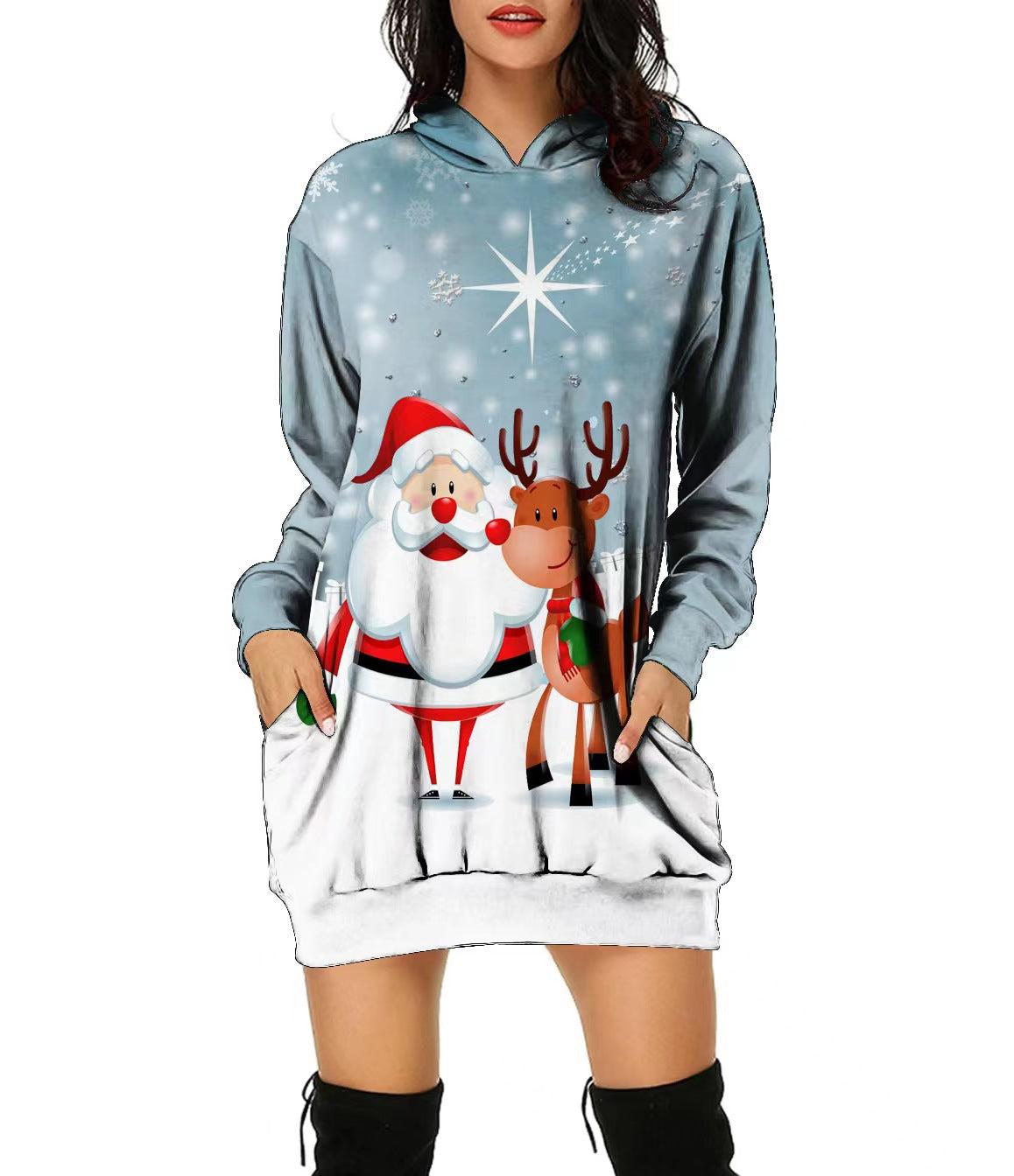 New Christmas Hoodie Moose 3D Printed Long Hoodie Autumn Loose Hoodie Dress