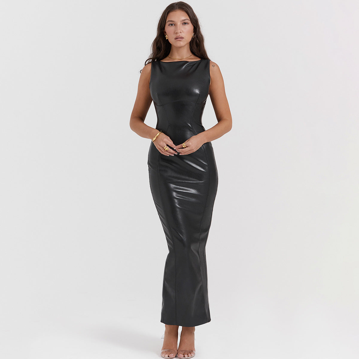 Sexy Women's High-End Pu Leather Tight Bag Hip Long Skirt Black Sleeveless Sundress Slit Dress Women