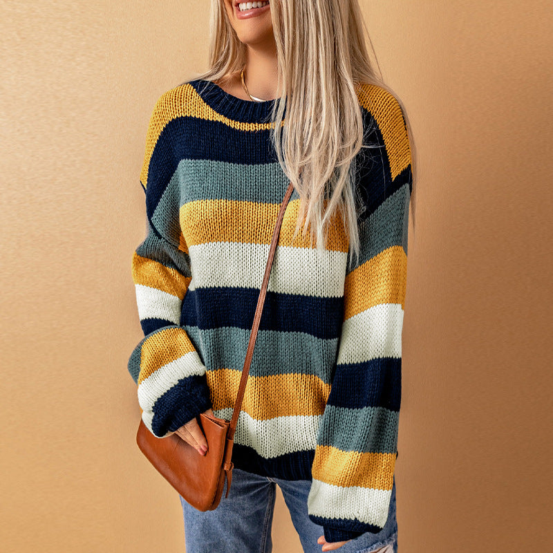 Winter New Color Stripes Patchwork Sweater Women Casual Off Shoulder Long Sleeve Pullover Woman