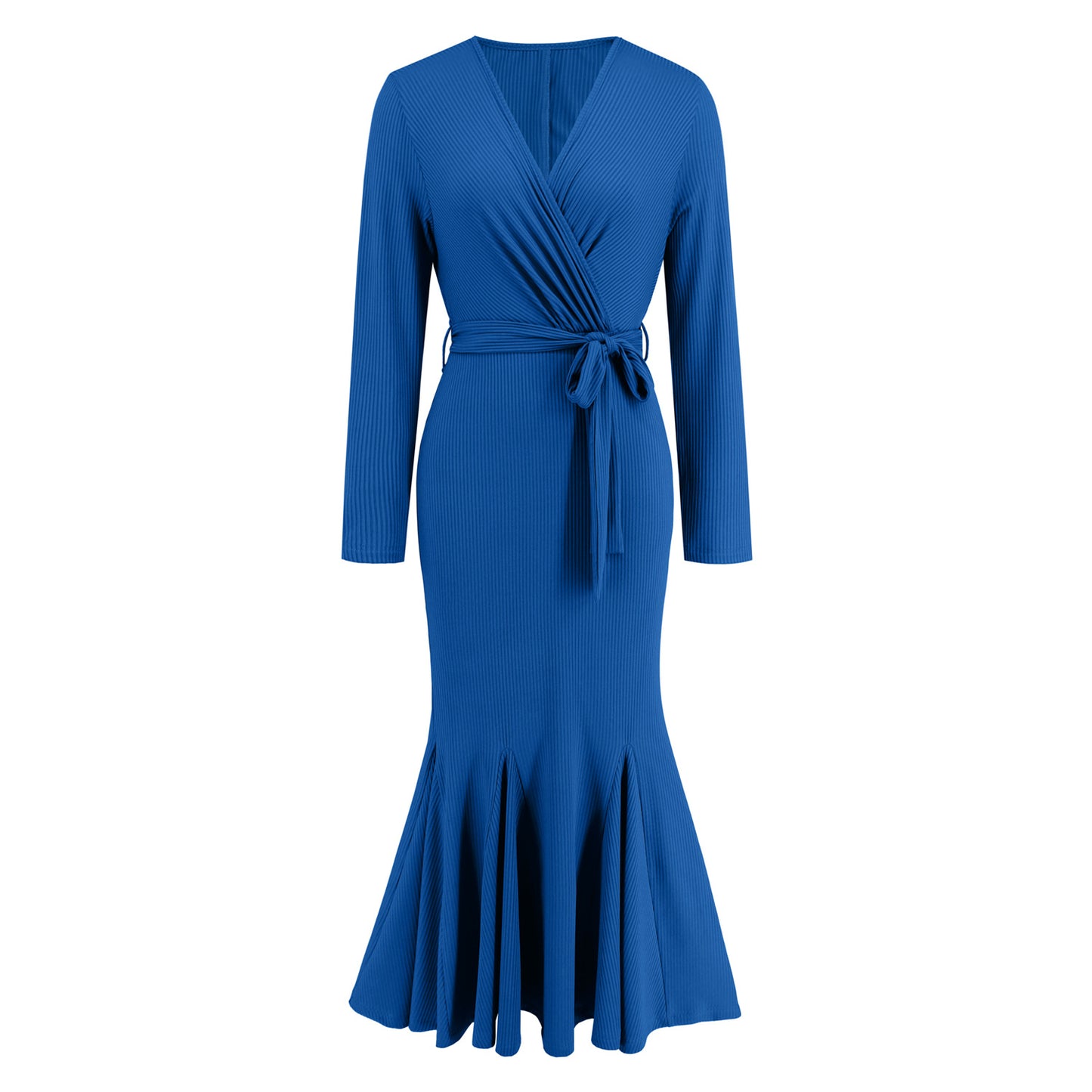 Women's V-Neck Long Sleeve Slim-Fit Temperament Fishtail Skirt Knitted Long Dress Dress Big Size