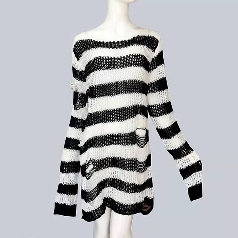 Knitwear Women's Mid-Length Punk Dark Holes Torn Sweater Couple Stripes Loose