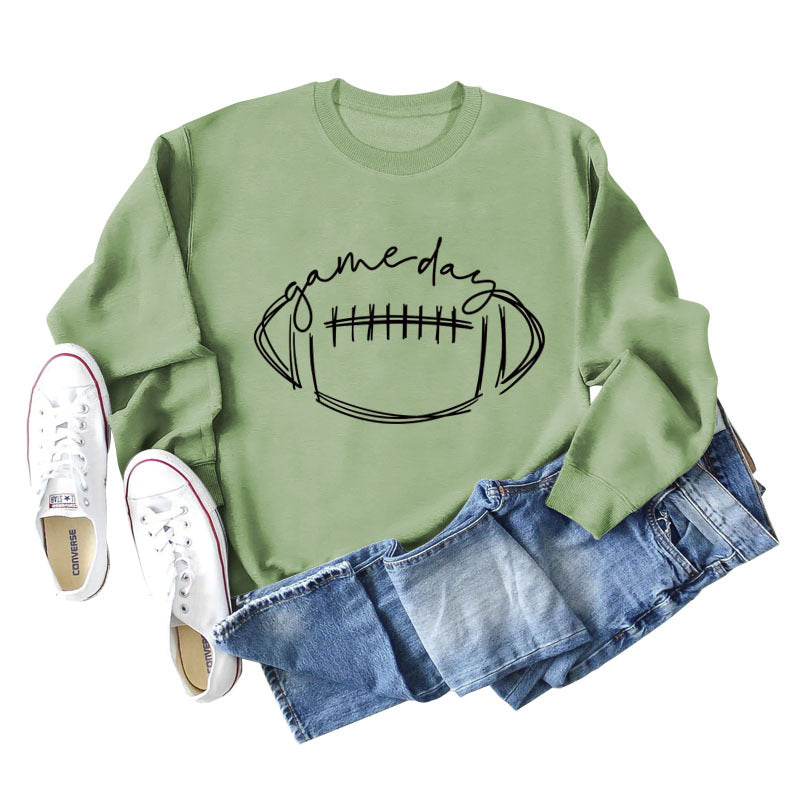 Game Day Rugby Letter-Printed Crew-Neck Fashion Long-Sleeved Hoodie With Base