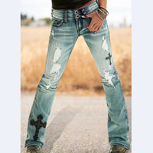 Cross Embroidery Ripped Low Rise Bootcut Jeans