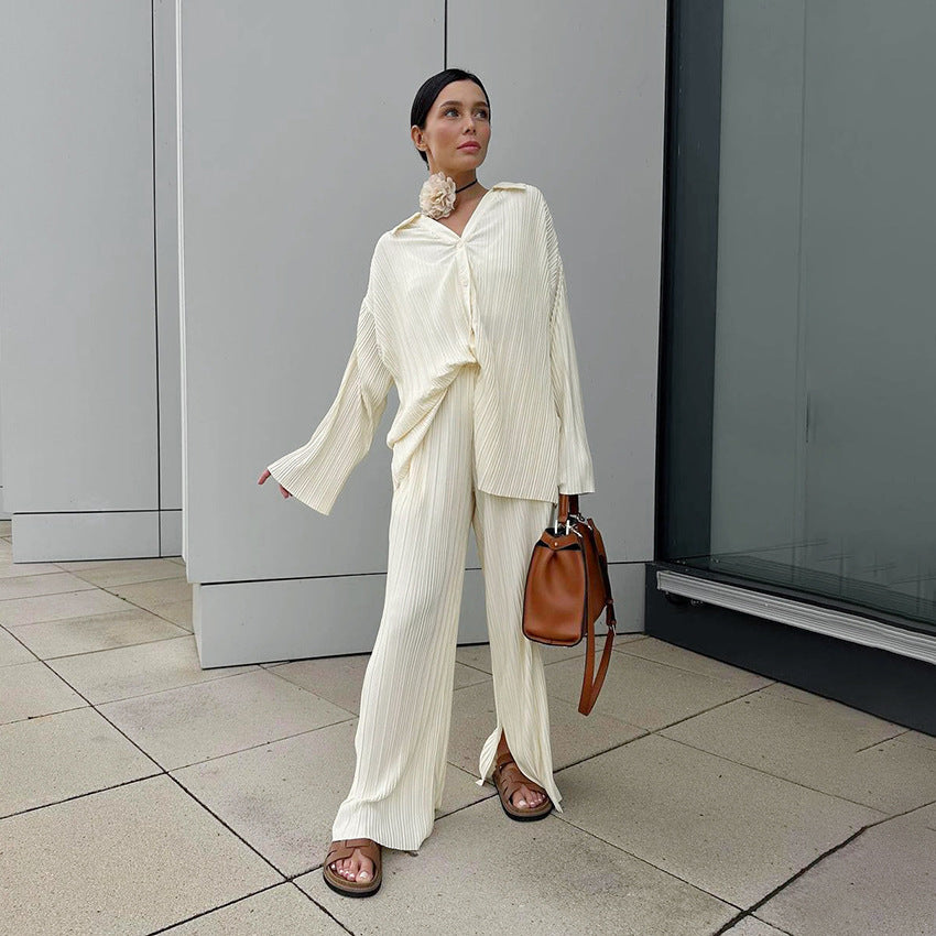 Fashion Casual Commuter Suit Autumn Sexy Lapel Loose Long-Sleeved Shirt Mid-Waist Slit Trousers Two-Piece Set Women