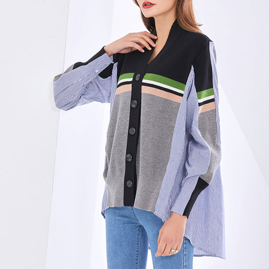 Spring Clashing Button Cardigan Design Clashing Color Splicing Stripe Shirt Knitted Splicing Coat