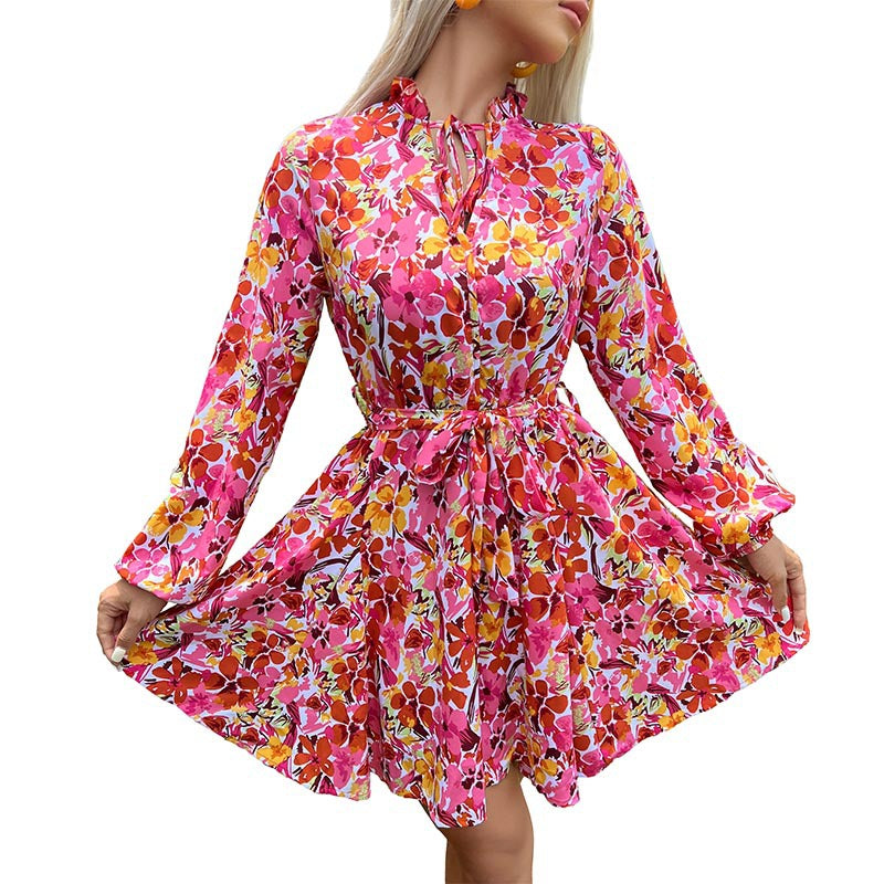 New Autumn New Original Women's Dress Lace-Up Slim Lace Collar Print Dress