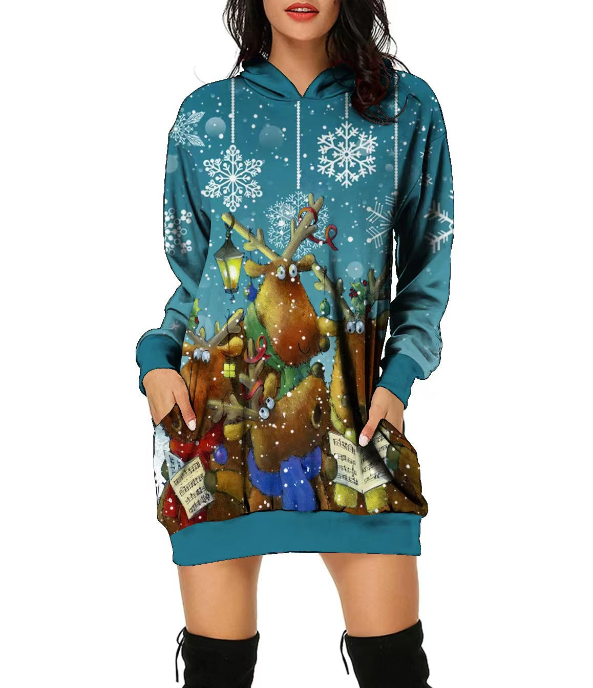 New Christmas Hoodie Moose 3D Printed Long Hoodie Autumn Loose Hoodie Dress