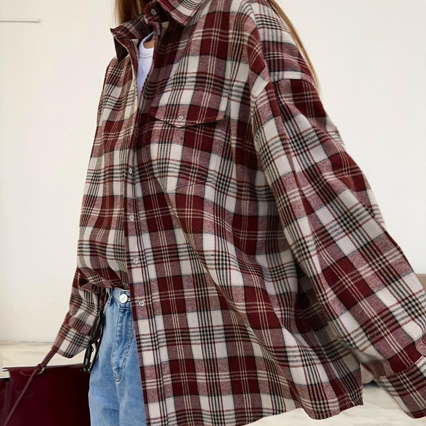 Vintage Classic Autumn/Winter New Women's Plaid Terylene Lapel Long-Sleeved Shirt Casual Loose Commuter Shirt