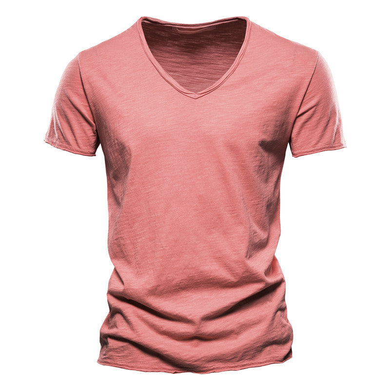 Summer Men's New Solid Color Bamboo Cotton V-neck Short-sleeved T-shirt Cotton Hot Selling Men's Wear