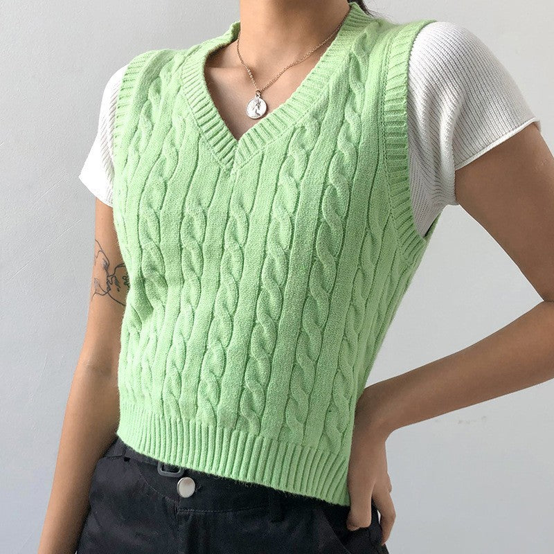 Spring And Autumn Solid Color Temperament Commuter Pullover V-Neck Knit Vest Sleeveless Sweater