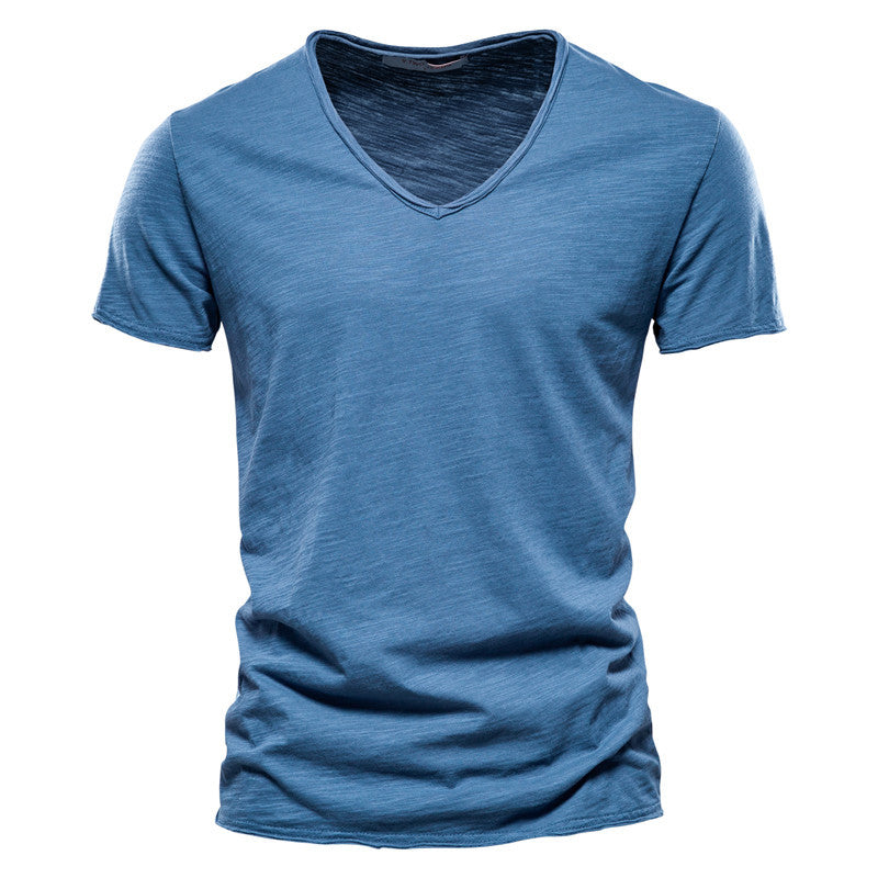 Summer Men's New Solid Color Bamboo Cotton V-neck Short-sleeved T-shirt Cotton Hot Selling Men's Wear