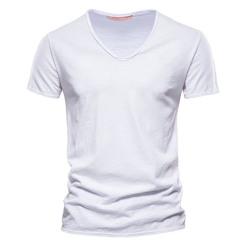 Summer Men's New Solid Color Bamboo Cotton V-neck Short-sleeved T-shirt Cotton Hot Selling Men's Wear