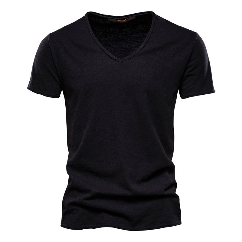 Summer Men's New Solid Color Bamboo Cotton V-neck Short-sleeved T-shirt Cotton Hot Selling Men's Wear