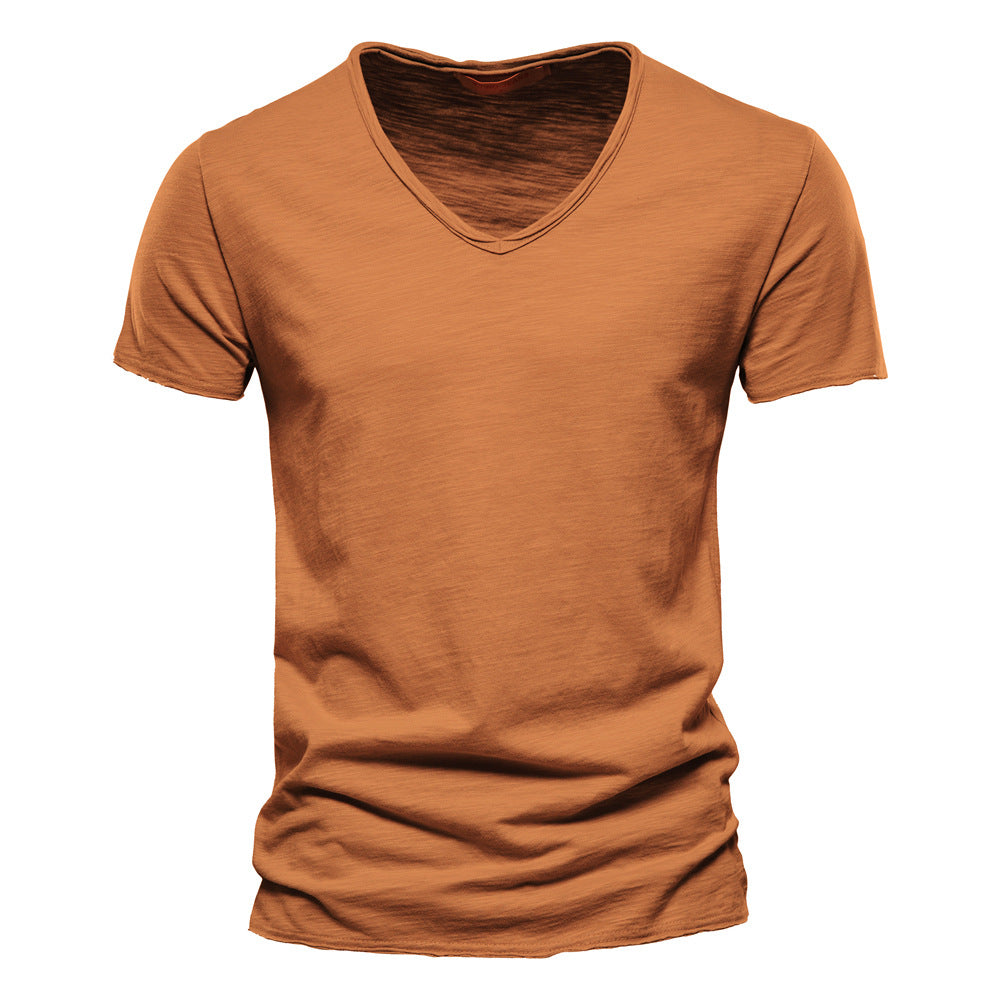 Summer Men's New Solid Color Bamboo Cotton V-neck Short-sleeved T-shirt Cotton Hot Selling Men's Wear