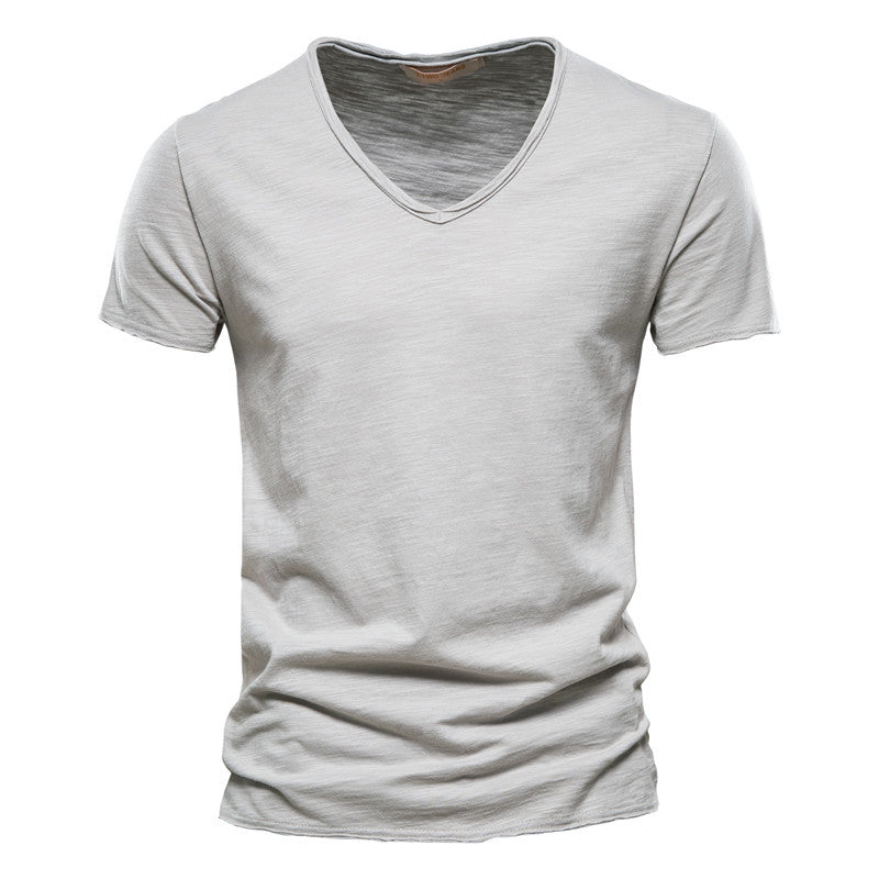 Summer Men's New Solid Color Bamboo Cotton V-neck Short-sleeved T-shirt Cotton Hot Selling Men's Wear