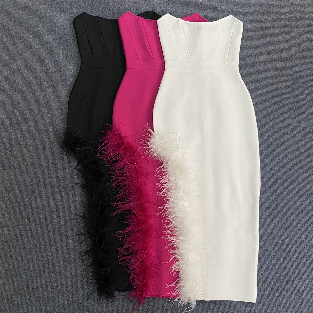 Sexy Stretch Party Mid-Length Dress With Split Chest Top Side Feather Bandage