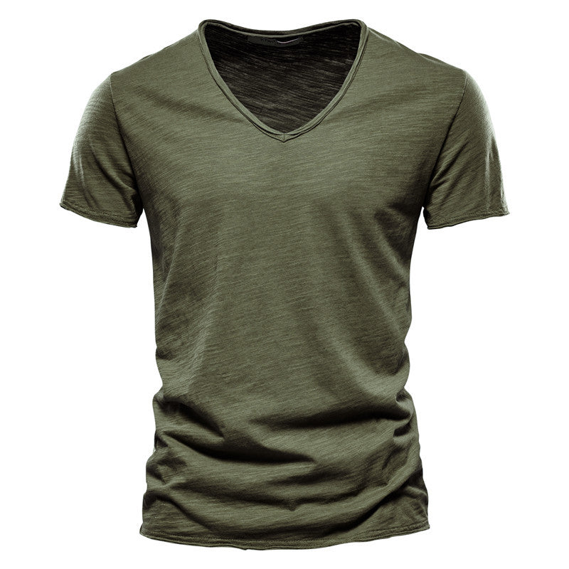 Summer Men's New Solid Color Bamboo Cotton V-neck Short-sleeved T-shirt Cotton Hot Selling Men's Wear