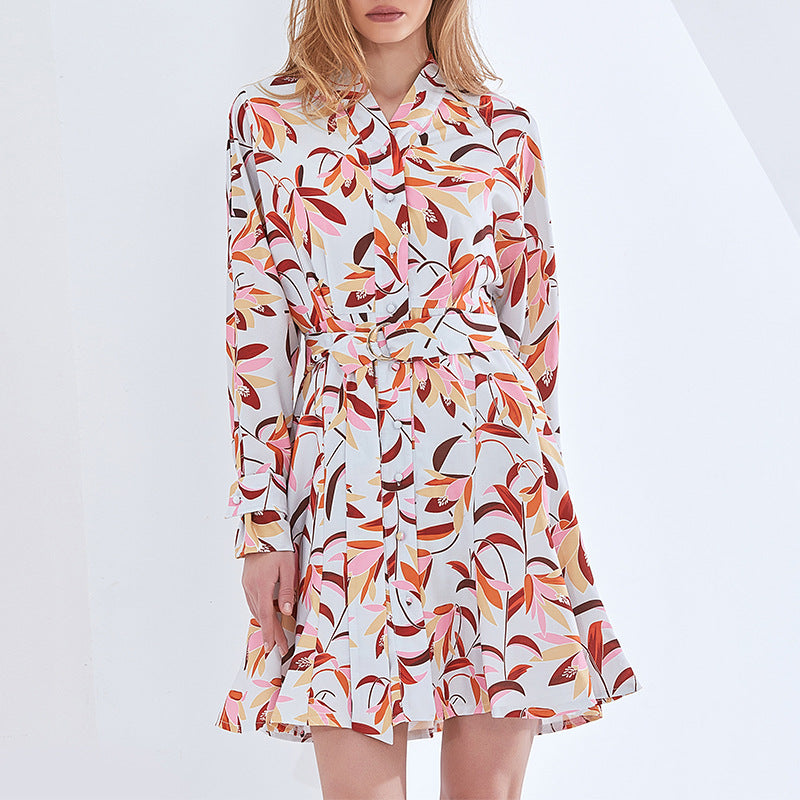 Garden Print Spring Button-Down Front Long-Sleeved Short Waistline V-Neck Dress