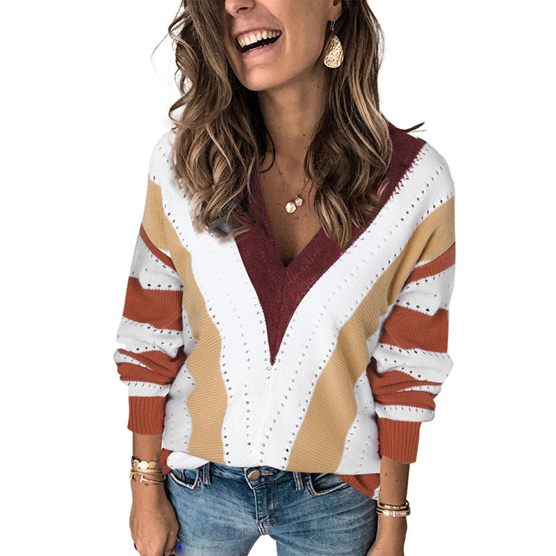 Casual V-Neck Loose Sweater Woman Autumn And Winter New Fashion Striped Color Pullover Sweater Woman