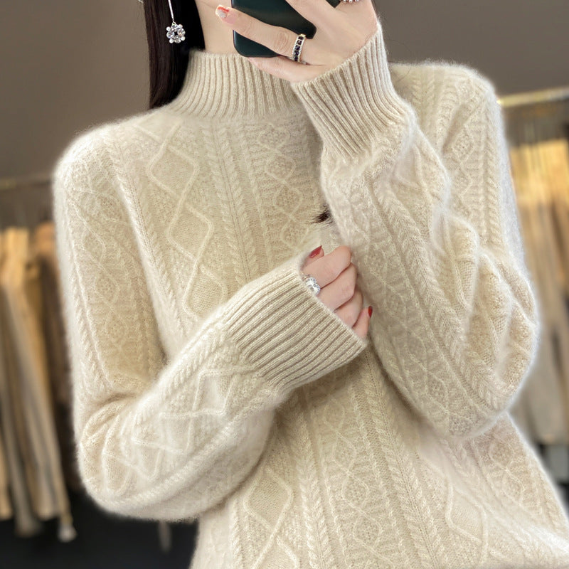 Autumn And Winter New 100% Woolen Sweater Women's Half Turtleneck Floral Thickened Sweater Set Cashmere Knitted Long-Sleeved Base Shirt