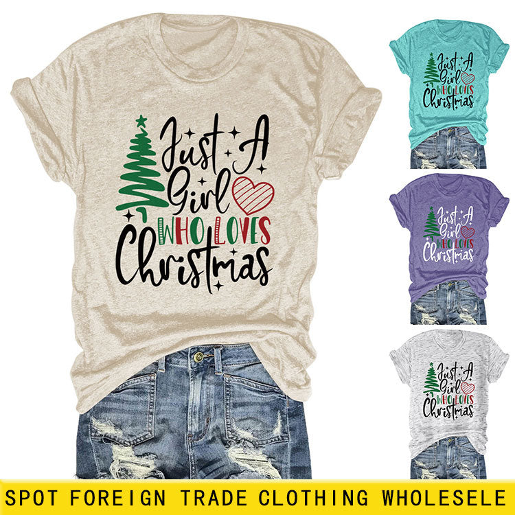 New Just A Girl Fun Christmas Tree Print Round Neck Short Sleeve Female Spot