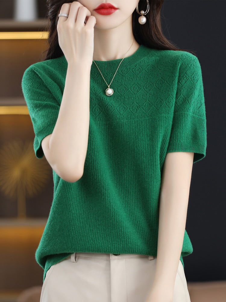 Summer New 100 Knitwear Short Sleeve T-Shirt Women's Round Neck Half Sleeve Thin Hollow Short Top Knitwear