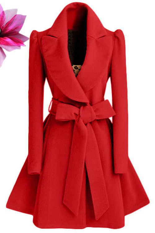 Women's Woolen Coat Belted Slim Tweed Coat Trench Coat