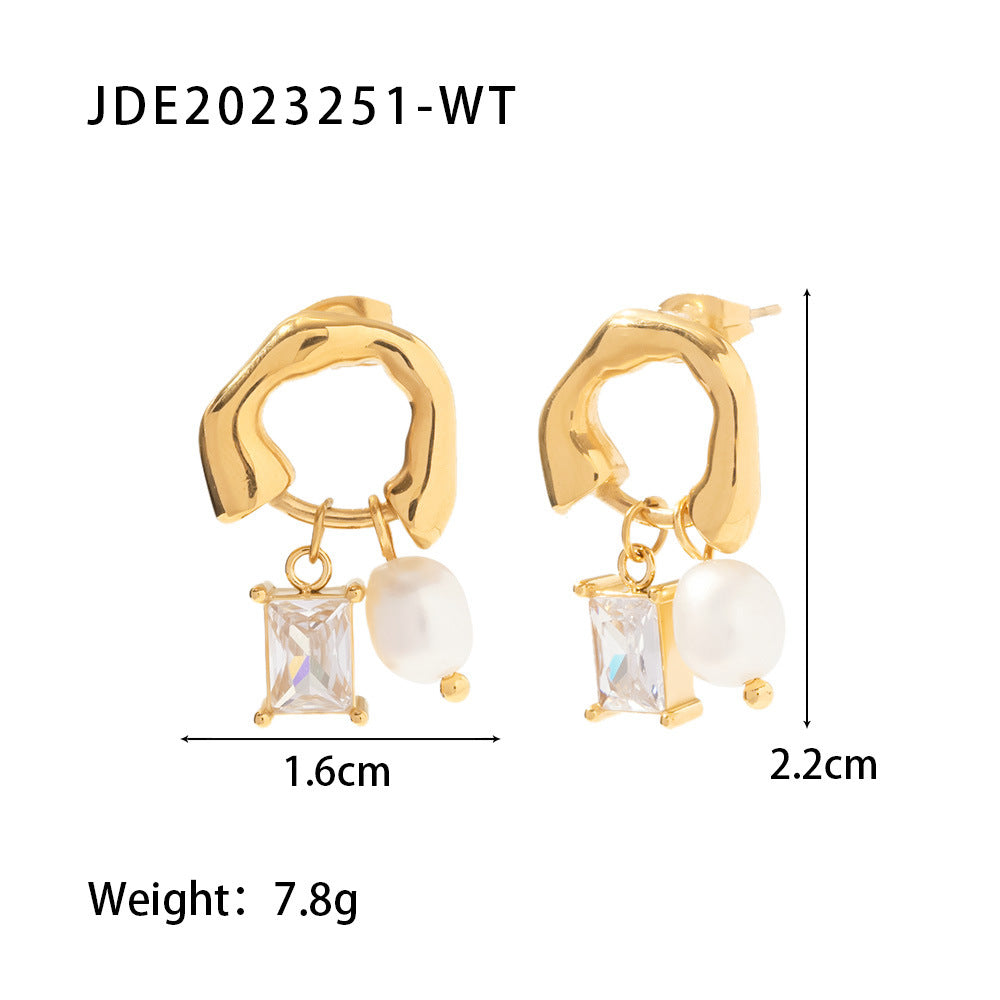 5pcs 18K Gold-Plated Stainless Steel Inlaid With White Green Zircon Natural Light Pearl Pendant Earrings For Women