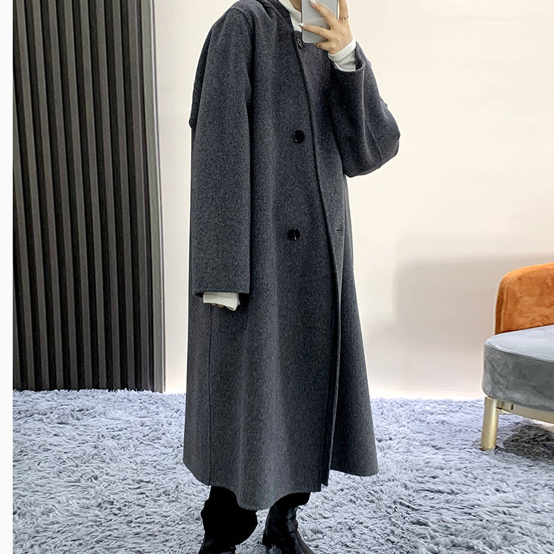 Hooded Long Autumn And Winter New Loose And Lazy Woolen Coat Double-Sided Wool Coat Woman