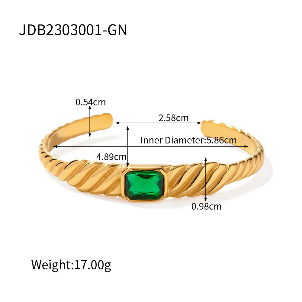 5pcs 18K Gold Niche Design Retro Mosaic Square Emerald Zircon Ribbed Open Bracelet Does Not Fade Hand Jewelry