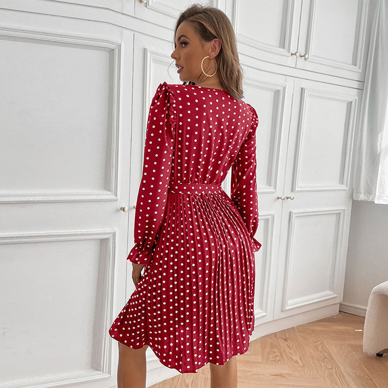 Vintage Women's Polka-Dot Autumn And Winter Pleated Skirt Round Neck Long-Sleeved Dress