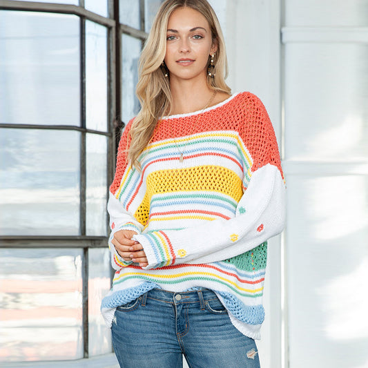 Winter New Rainbow Striped Pullover Sweater Women Fashion Dopamine-Contrast Crew-Neck Knitwear Women