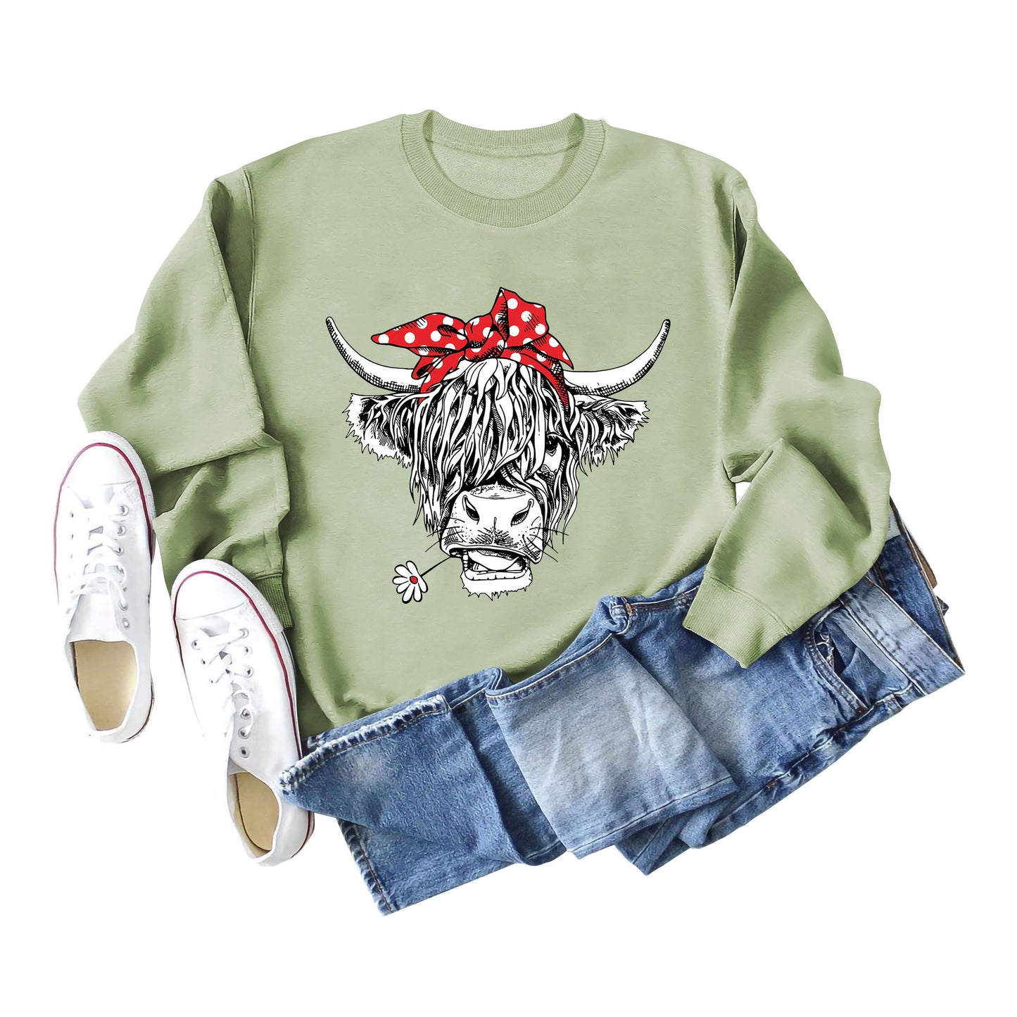 Casual Long Sleeve Crewneck Red Bow Cow Fun Print Loose Women's Hoodie