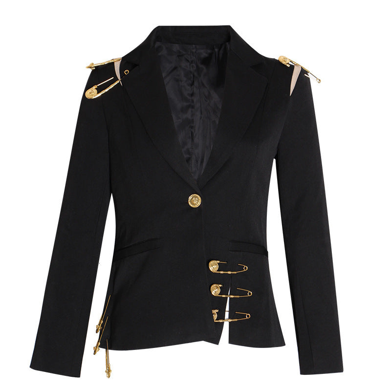 Spring Shoulder Mesh Stitching Pin Embellished Long Sleeve Slim Suit Jacket Women Fashion