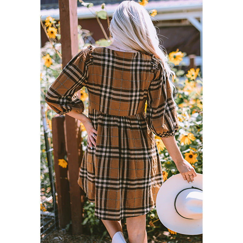 Fall New Pullover V-Neck Skirt Women Casual Plaid Long-Sleeved Dress Women