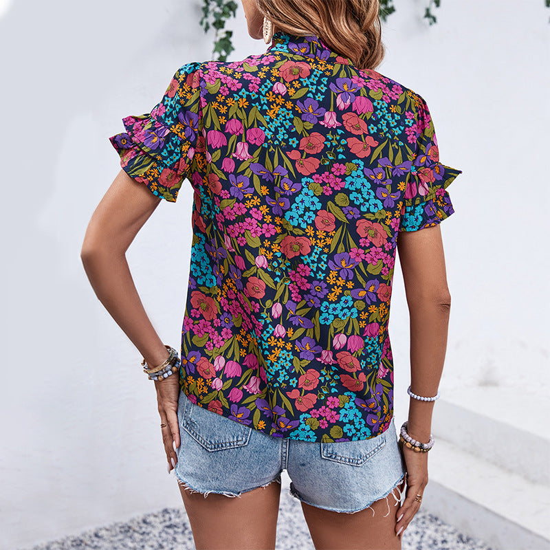 Summer New Women's Fashion Print National Style Shirt Woman