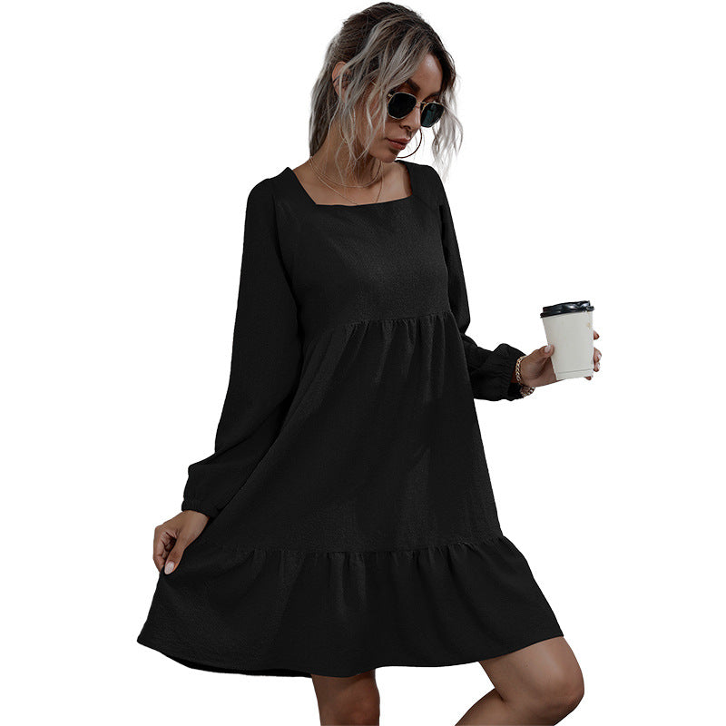 Fashion Women's Backless Ruffled Square Collar Loose Long-Sleeved Dress