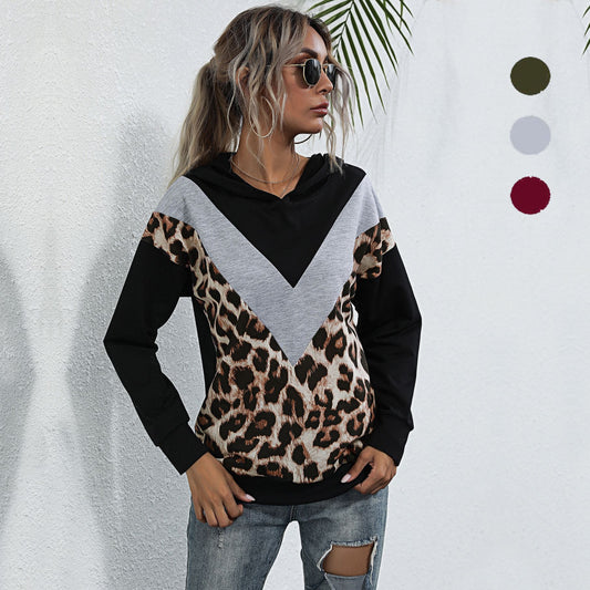 Splicing Leopard Hoodie Hooded Long-Sleeved Casual Street Women New