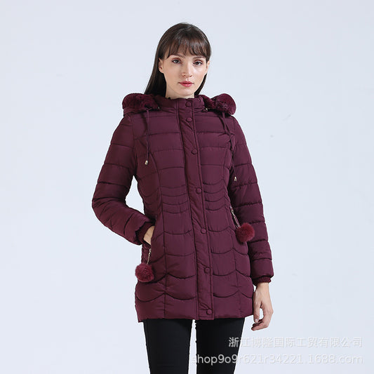 Autumn/Winter Women's Plus-Size Casual Solid Color Thickened And Fleecy Padded Jacket With Hairball Decoration Removable Fur Hoodie